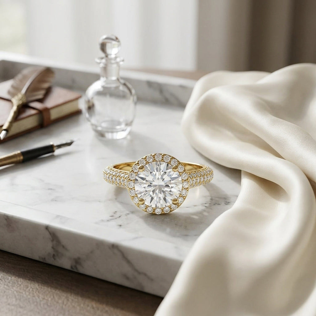 1 4/5ctw Round Diamond Pave Engagement Ring With Triple Row Shank In 14k Yellow Gold, Igi-certified — atelier still life