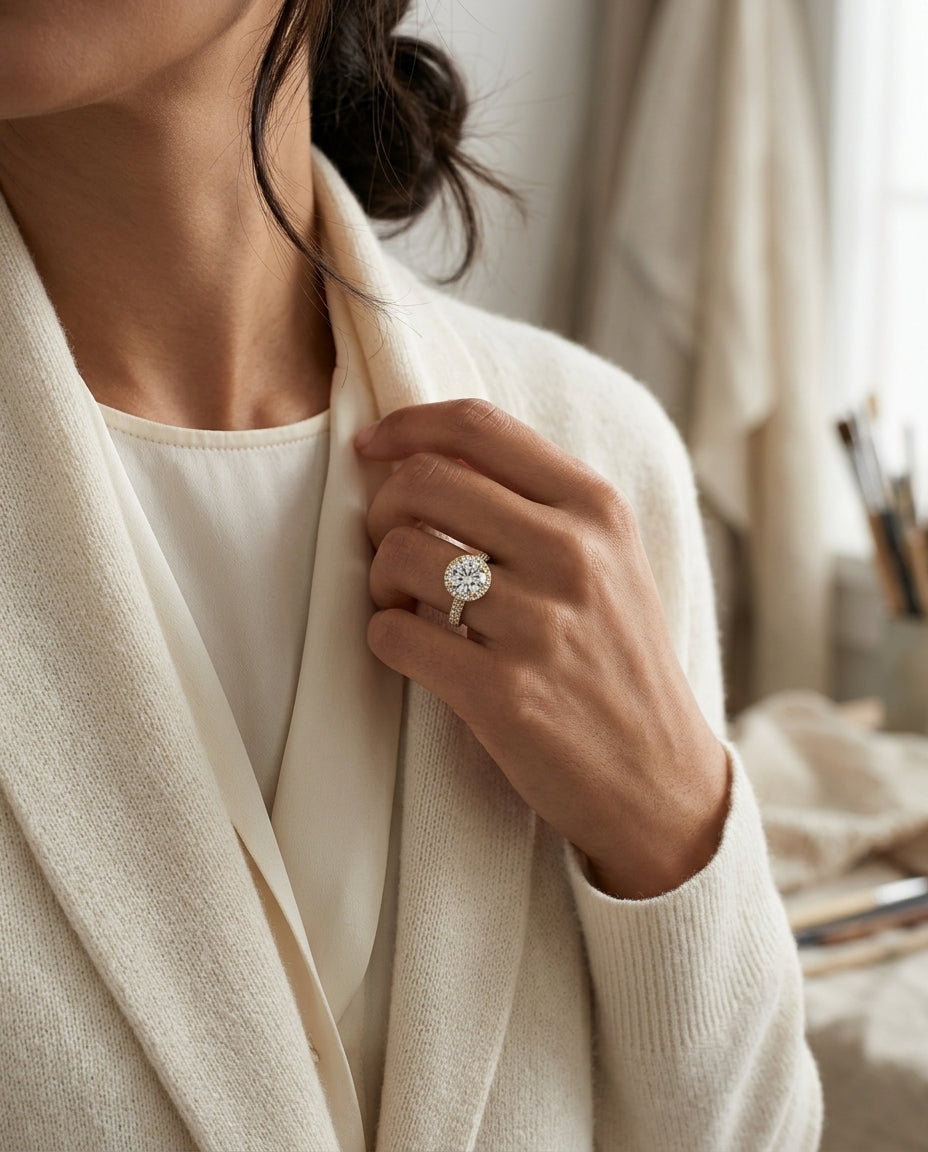 1 4/5ctw Round Diamond Pave Engagement Ring With Triple Row Shank In 14k Yellow Gold, Igi-certified — editorial close-up