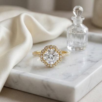 1 1/4ctw Round Diamond Scalloped Halo Engagement Ring With Graduated Shank In 14k Yellow Gold, Igi-certified — atelier still life