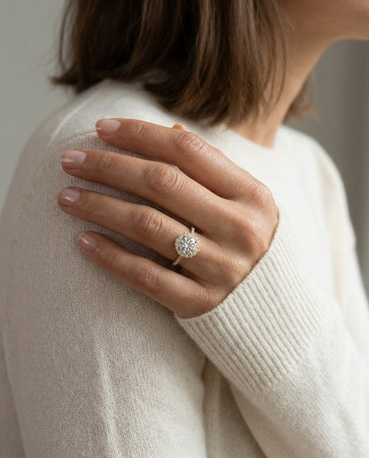 1 1/4ctw Round Diamond Scalloped Halo Engagement Ring With Graduated Shank In 14k Yellow Gold, Igi-certified — editorial close-up
