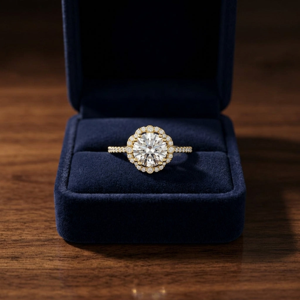 1 1/4ctw Round Diamond Scalloped Halo Engagement Ring With Graduated Shank In 14k Yellow Gold, Igi-certified — gift presentation
