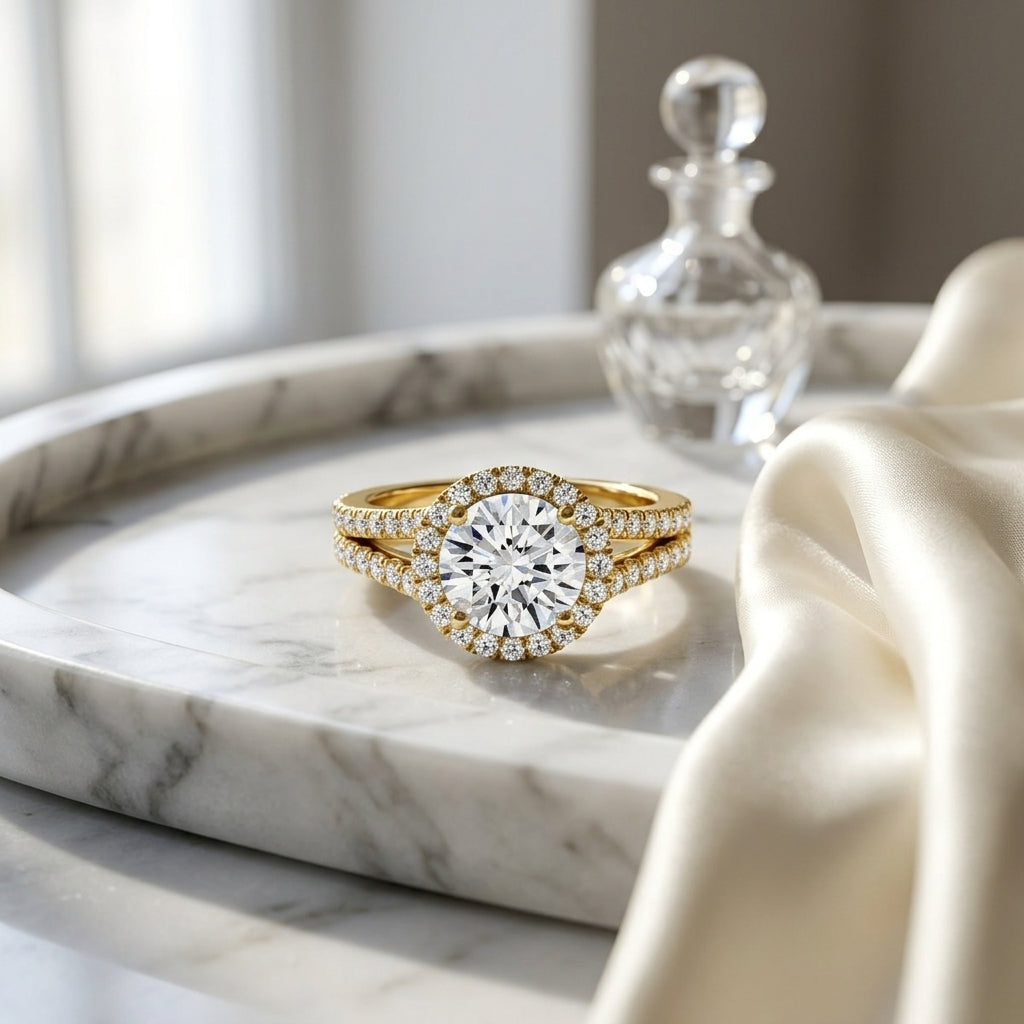 1 3/8ctw Round Diamond Halo Engagement Ring With Pave Split Shank In 14k Yellow Gold, Igi-certified — atelier still life