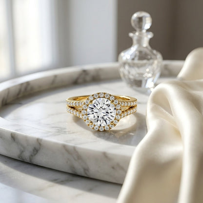 1 3/8ctw Round Diamond Halo Engagement Ring With Pave Split Shank In 14k Yellow Gold, Igi-certified — atelier still life