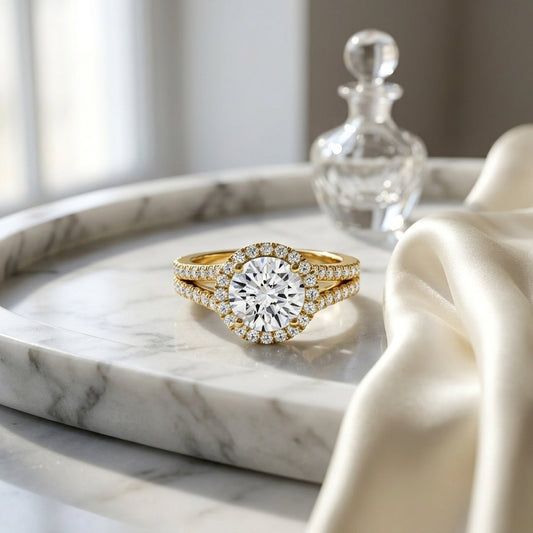 1 3/8ctw Round Diamond Halo Engagement Ring With Pave Split Shank In 14k Yellow Gold, Igi-certified — atelier still life