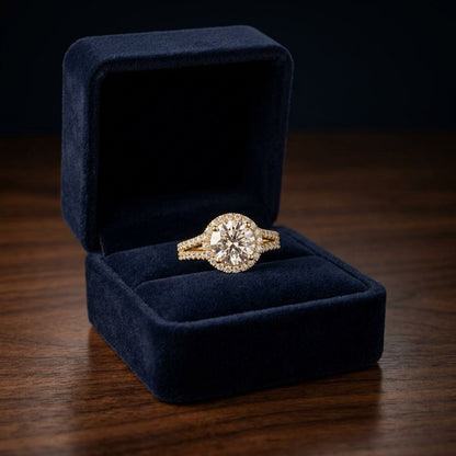 1 3/8ctw Round Diamond Halo Engagement Ring With Pave Split Shank In 14k Yellow Gold, Igi-certified — gift presentation