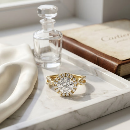 1 1/2ctw Round Diamond Halo Engagement Ring With Infinity Shank In 14k Yellow Gold, Igi-certified — atelier still life