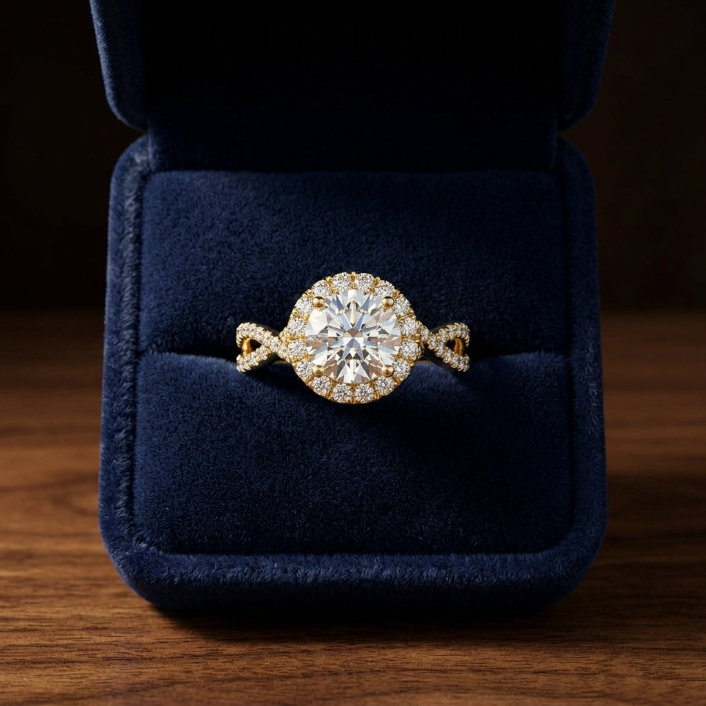 1 1/2ctw Round Diamond Halo Engagement Ring With Infinity Shank In 14k Yellow Gold, Igi-certified — gift presentation