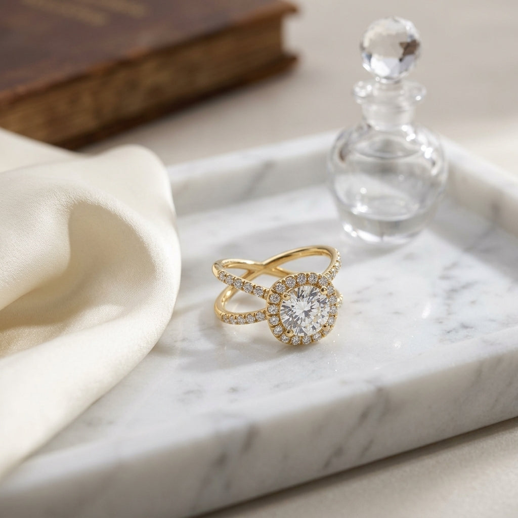 1 1/2ctw Round Diamond Halo Engagement Ring With Crossover Pave Shank In 14k Yellow Gold, Igi-certified — atelier still life