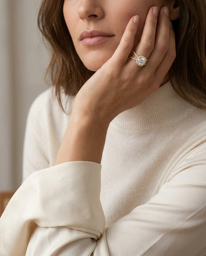 1 1/2ctw Round Diamond Halo Engagement Ring With Crossover Pave Shank In 14k Yellow Gold, Igi-certified — editorial close-up