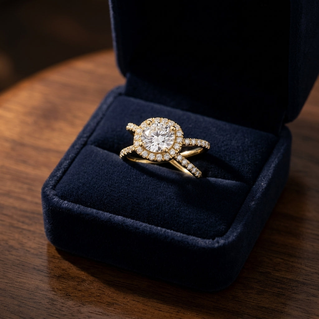 1 1/2ctw Round Diamond Halo Engagement Ring With Crossover Pave Shank In 14k Yellow Gold, Igi-certified — gift presentation