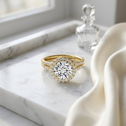 1 3/8ctw Round Diamond Halo Split Shank Engagement Ring In 14k Yellow Gold, Igi-certified — atelier still life
