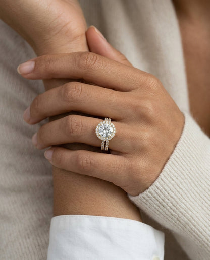 1 3/8ctw Round Diamond Halo Split Shank Engagement Ring In 14k Yellow Gold, Igi-certified — editorial close-up