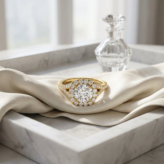1 1/2ctw Round Diamond Square Halo Engagement With Pave Split Shank In 14k Yellow Gold, Igi-certified — atelier still life