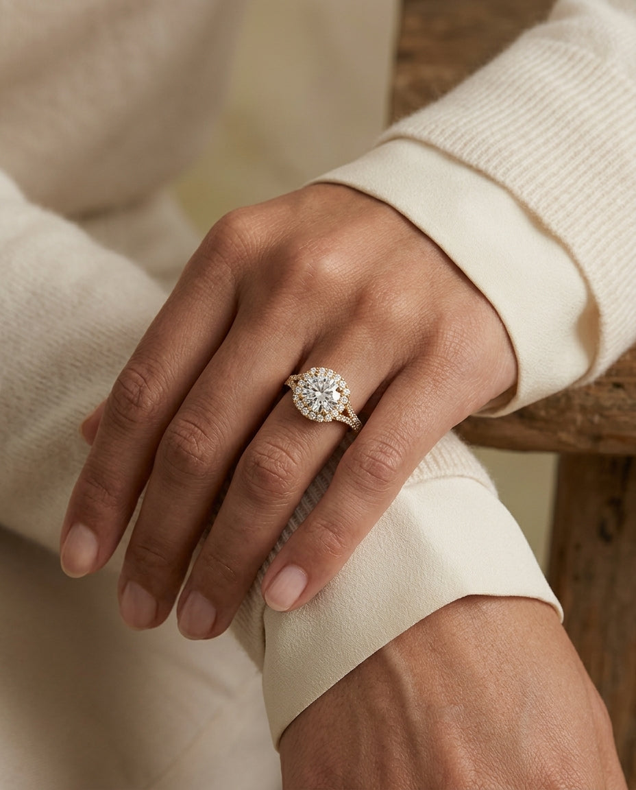 1 1/2ctw Round Diamond Square Halo Engagement With Pave Split Shank In 14k Yellow Gold, Igi-certified — editorial close-up