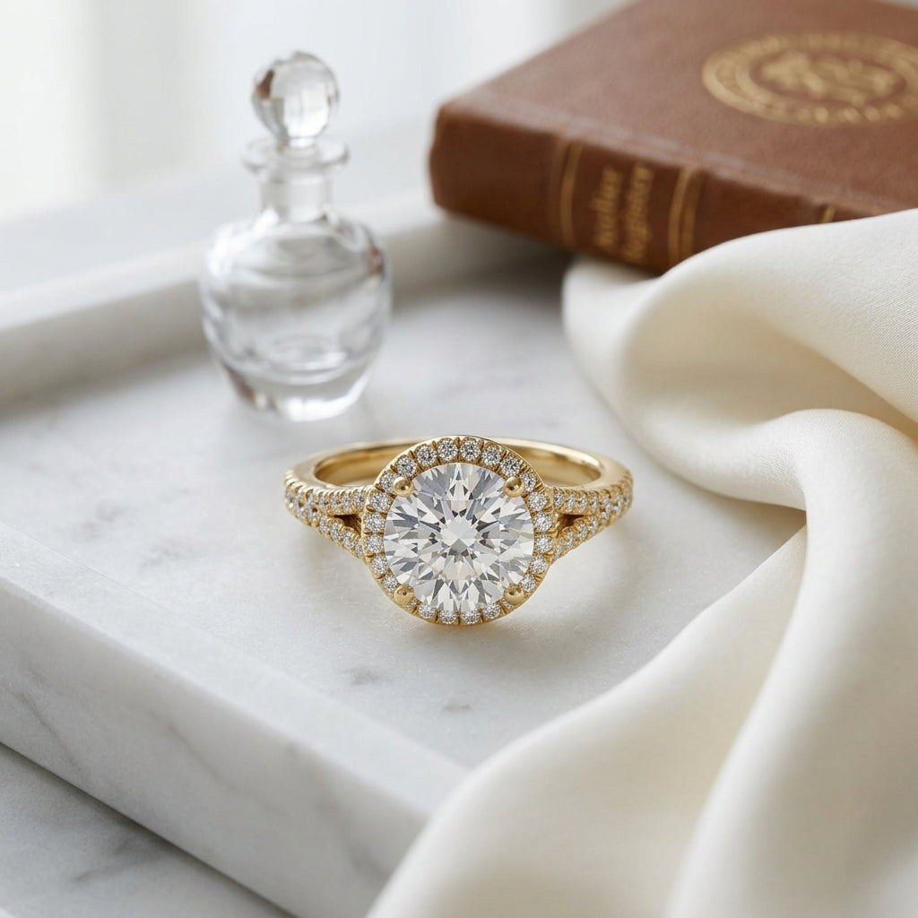 1 1/4ctw Round Diamond Halo Engagement Ring With Scroll Gallery In 14k Yellow Gold, Igi-certified — atelier still life