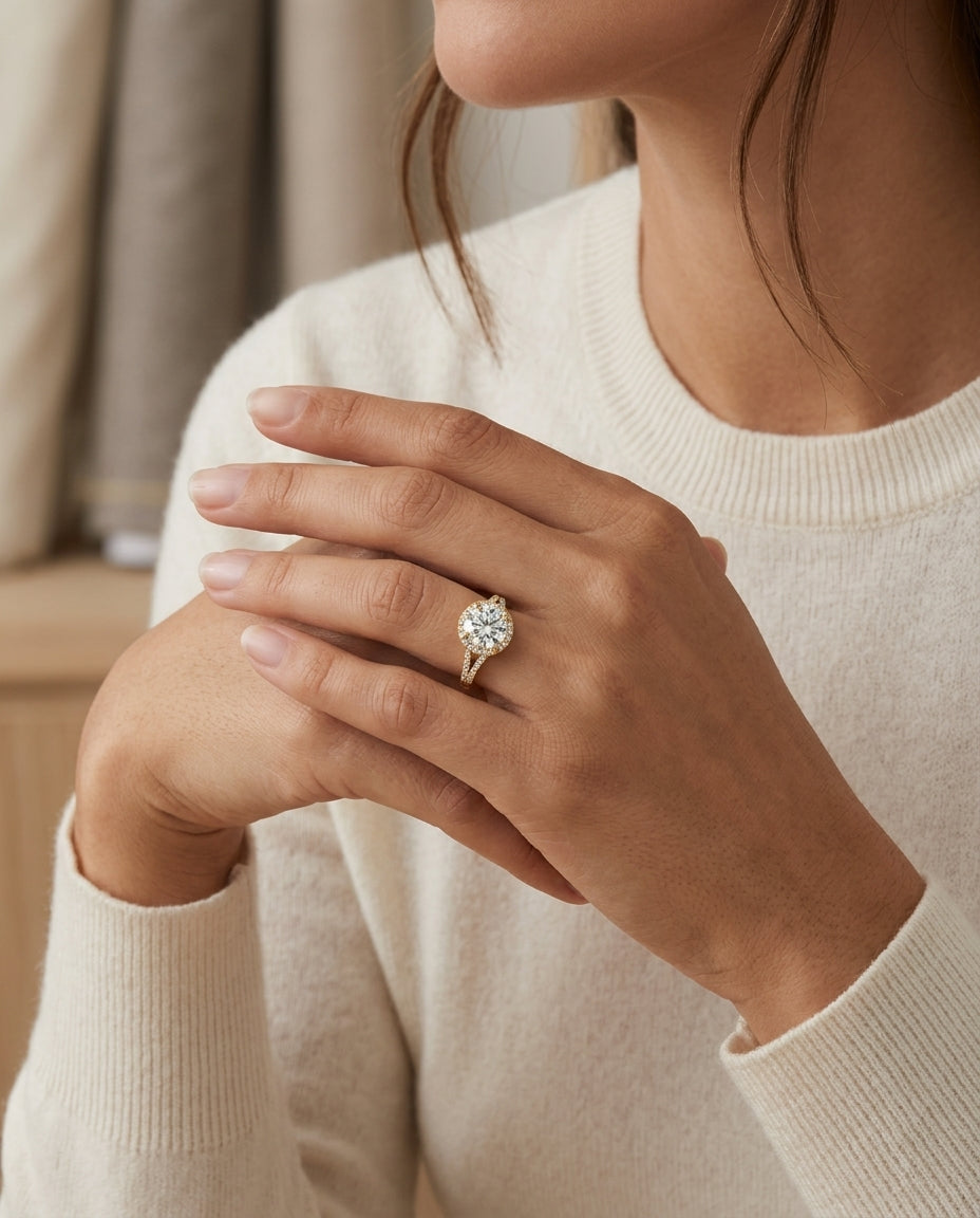 1 1/4ctw Round Diamond Halo Engagement Ring With Scroll Gallery In 14k Yellow Gold, Igi-certified — editorial close-up