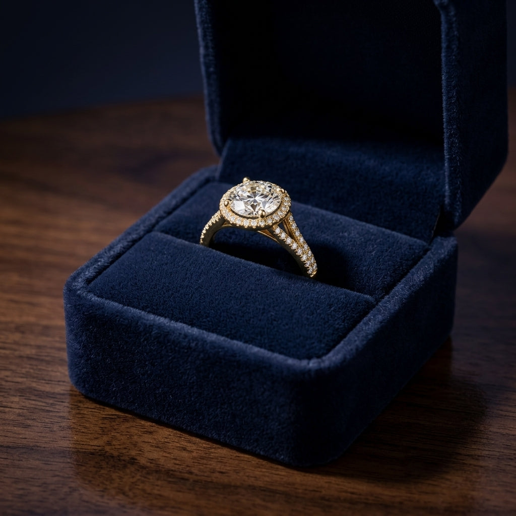 1 1/4ctw Round Diamond Halo Engagement Ring With Scroll Gallery In 14k Yellow Gold, Igi-certified — gift presentation