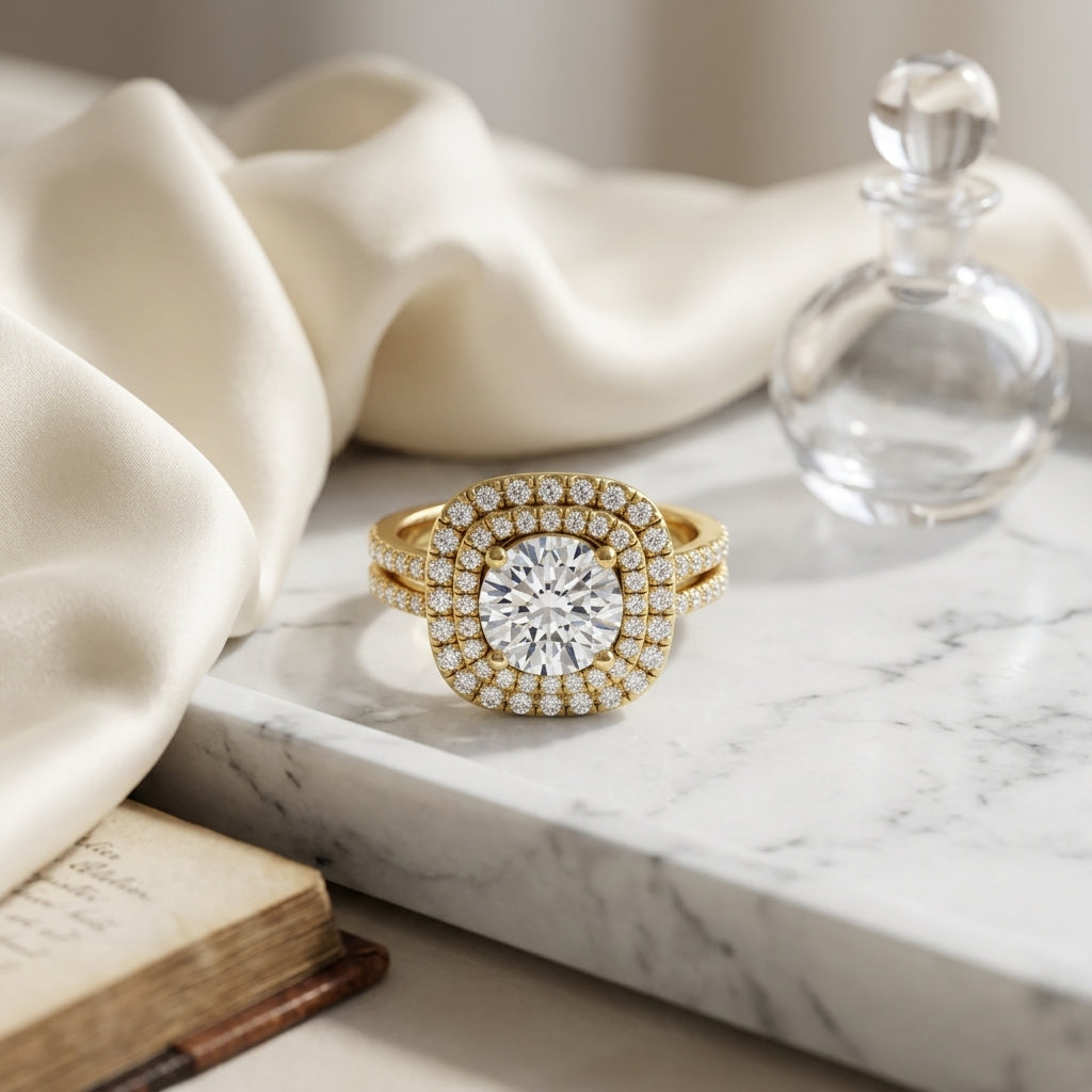1 3/8ctw Round Diamond Double Entourage Engagement Ring With 2 Row Shank In 14k Yellow Gold, Igi-certified — atelier still life