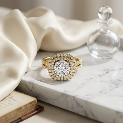1 3/8ctw Round Diamond Double Entourage Engagement Ring With 2 Row Shank In 14k Yellow Gold, Igi-certified — atelier still life