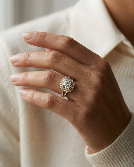1 3/8ctw Round Diamond Double Entourage Engagement Ring With 2 Row Shank In 14k Yellow Gold, Igi-certified — editorial close-up
