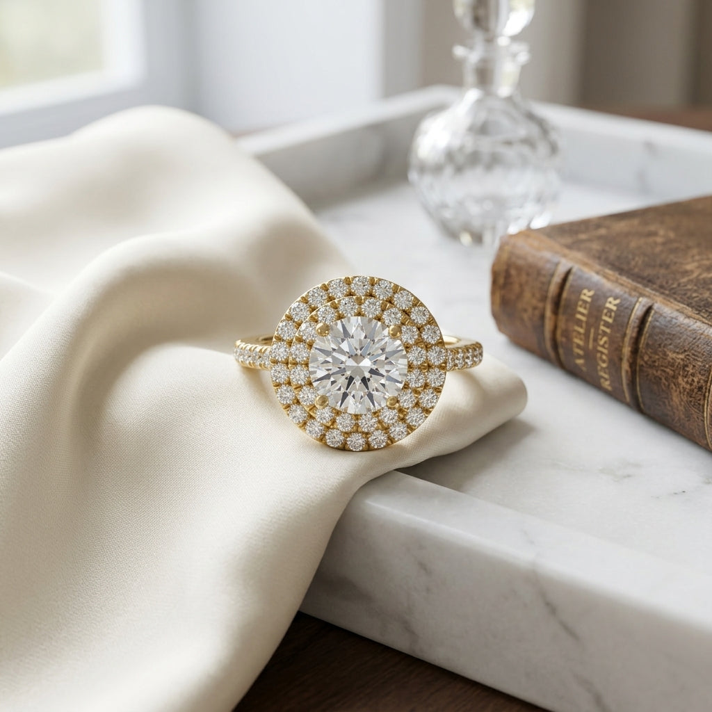 1 3/4ctw Round Diamond Double Entourage Engagement Ring In 14k Yellow Gold, Igi-certified — atelier still life