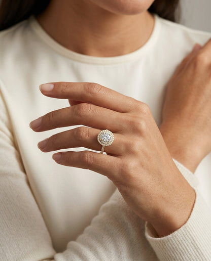 1 3/4ctw Round Diamond Double Entourage Engagement Ring In 14k Yellow Gold, Igi-certified — editorial close-up