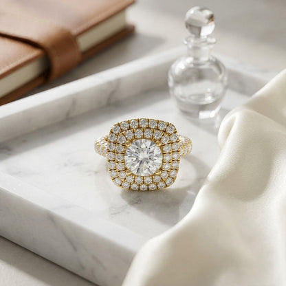 3 1/6ctw Round Diamond, Double Square Halo Engagement Ring With Pave Shank In 14k Yellow Gold, Igi-certified — atelier still life