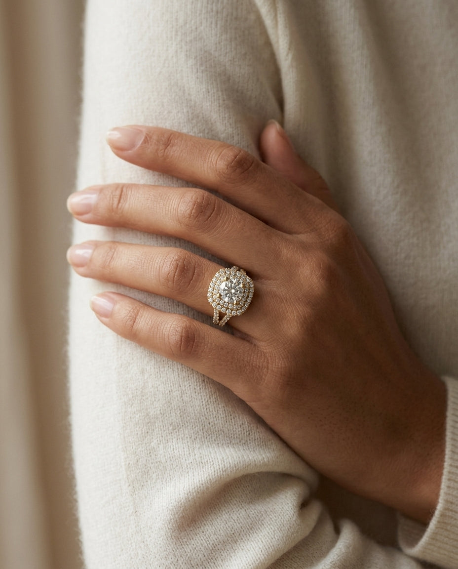 3 1/6ctw Round Diamond, Double Square Halo Engagement Ring With Pave Shank In 14k Yellow Gold, Igi-certified — editorial close-up