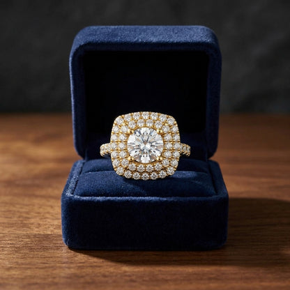 3 1/6ctw Round Diamond, Double Square Halo Engagement Ring With Pave Shank In 14k Yellow Gold, Igi-certified — gift presentation