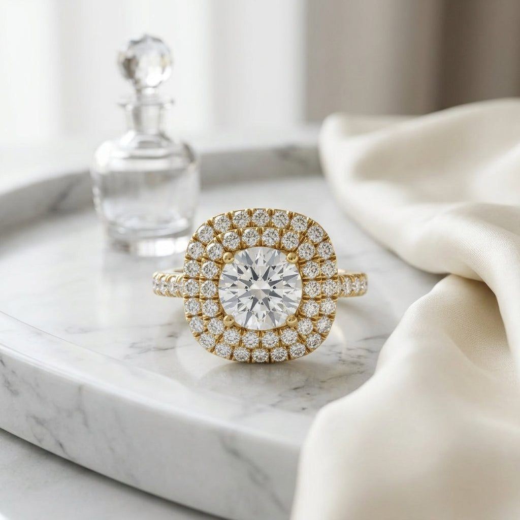 1 9/10ctw Round Diamond Double Entourage Engagement Ring With Pave Shank In 14k Yellow Gold, Igi-certified — atelier still life