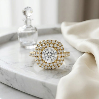 1 9/10ctw Round Diamond Double Entourage Engagement Ring With Pave Shank In 14k Yellow Gold, Igi-certified — atelier still life