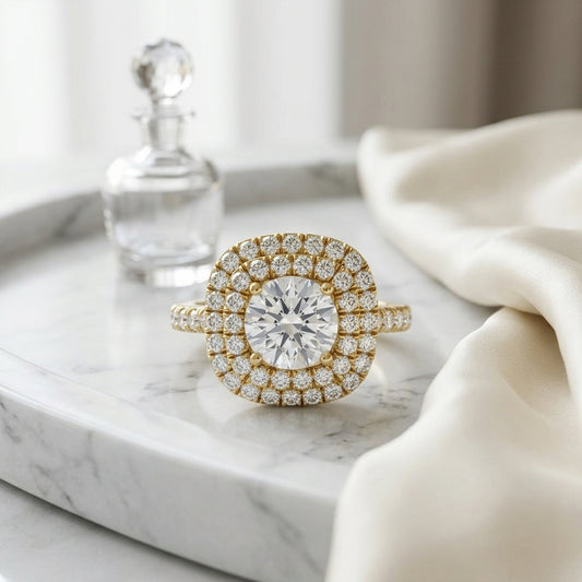 1 9/10ctw Round Diamond Double Entourage Engagement Ring With Pave Shank In 14k Yellow Gold, Igi-certified — atelier still life