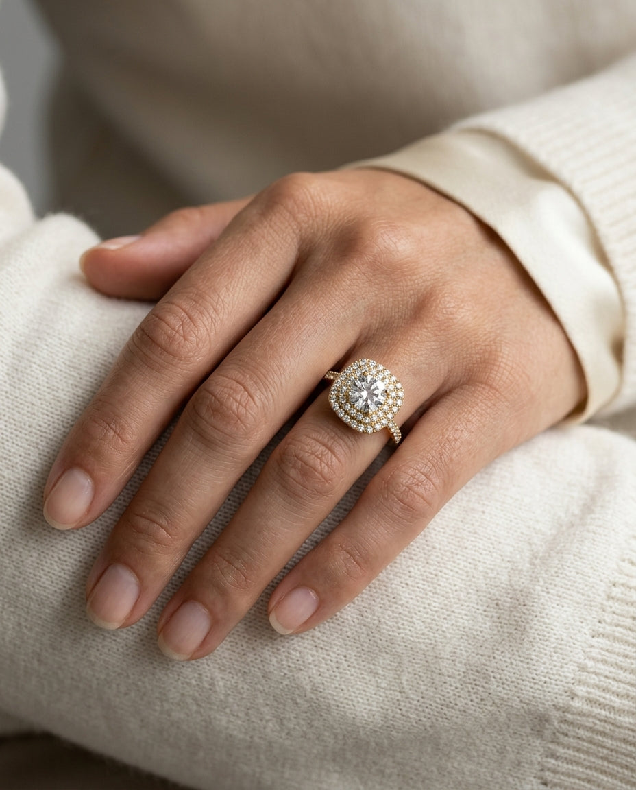 1 9/10ctw Round Diamond Double Entourage Engagement Ring With Pave Shank In 14k Yellow Gold, Igi-certified — editorial close-up
