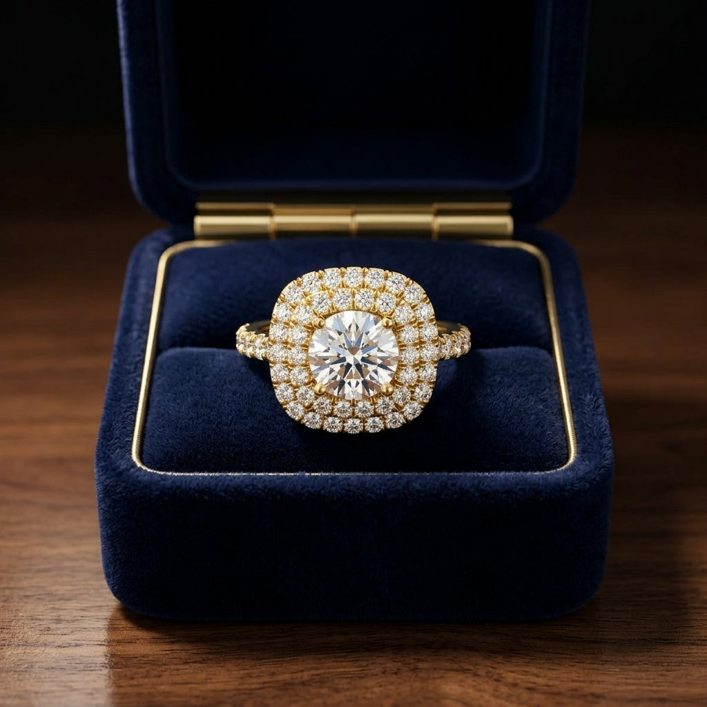 1 9/10ctw Round Diamond Double Entourage Engagement Ring With Pave Shank In 14k Yellow Gold, Igi-certified — gift presentation