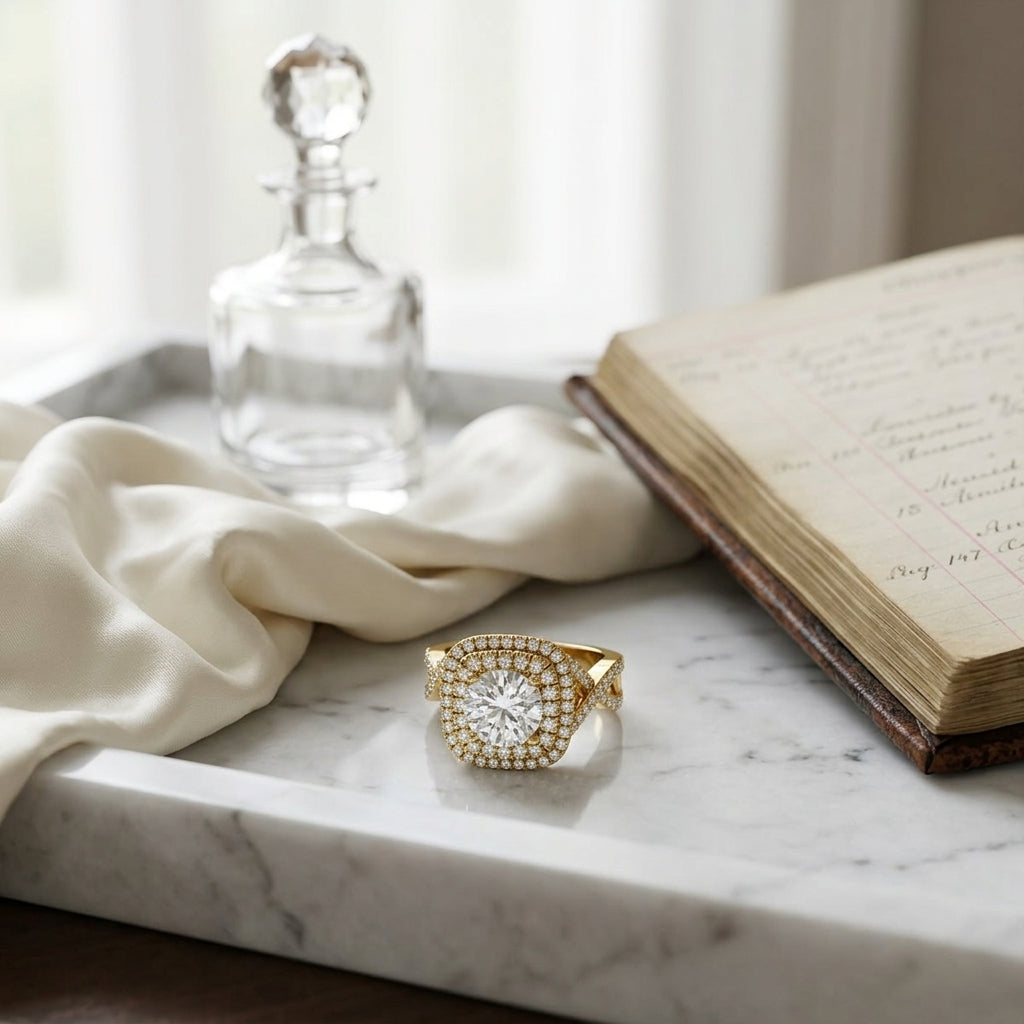 1 5/8ctw Round Double Square Halo Infinity Shank Ring In 14k Yellow Gold, Igi-certified — atelier still life