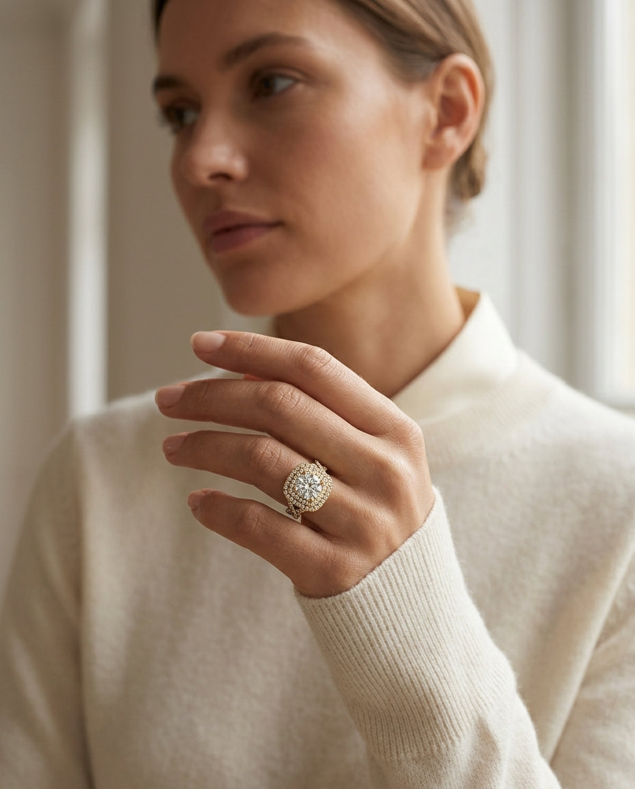 1 5/8ctw Round Double Square Halo Infinity Shank Ring In 14k Yellow Gold, Igi-certified — editorial close-up