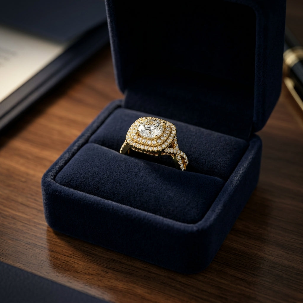 1 5/8ctw Round Double Square Halo Infinity Shank Ring In 14k Yellow Gold, Igi-certified — gift presentation