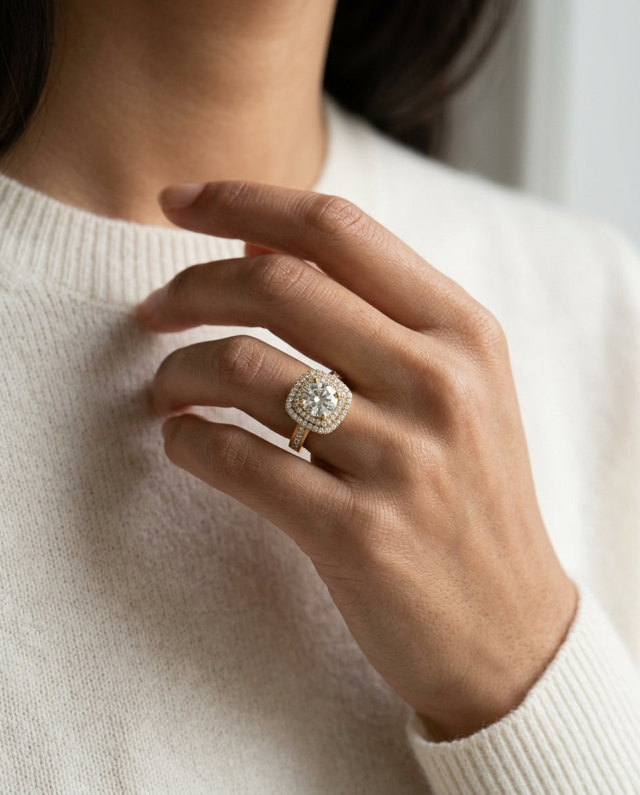 1 2/3ctw Round Diamond Double Square Halo Engagement Ring With Channel Set  Shank In 14k Yellow Gold, Igi-certified — editorial close-up