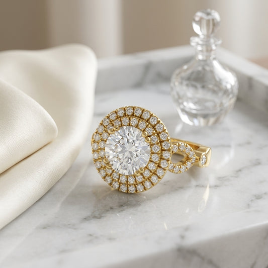 1 1/2ctw Round Diamond Double Halo Engagement Ring With Tear Drop Detail Shank In 14k Yellow Gold, Igi-certified — atelier still life