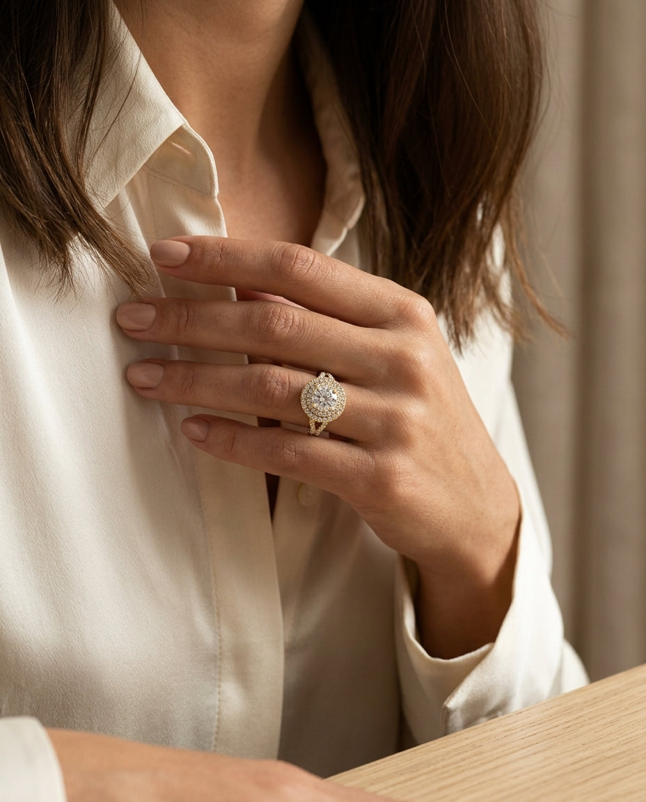 1 1/2ctw Round Diamond Double Halo Engagement Ring With Tear Drop Detail Shank In 14k Yellow Gold, Igi-certified — editorial close-up