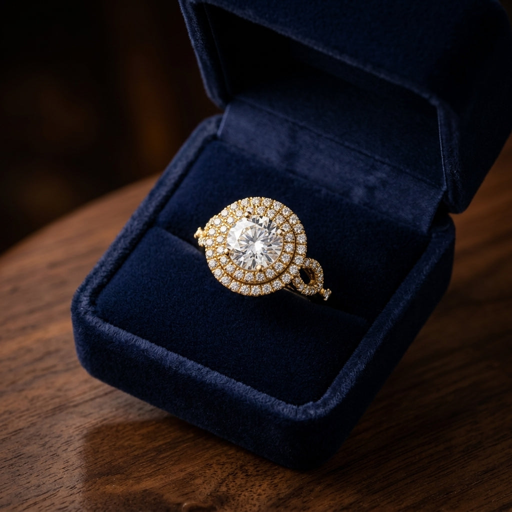 1 1/2ctw Round Diamond Double Halo Engagement Ring With Tear Drop Detail Shank In 14k Yellow Gold, Igi-certified — gift presentation