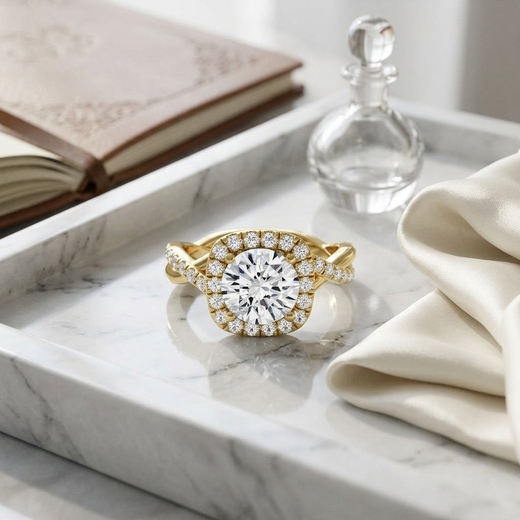 1 3/8ctw Round Diamond Halo Engagement Ring With Twist Shank In 14k Yellow Gold, Igi-certified — atelier still life