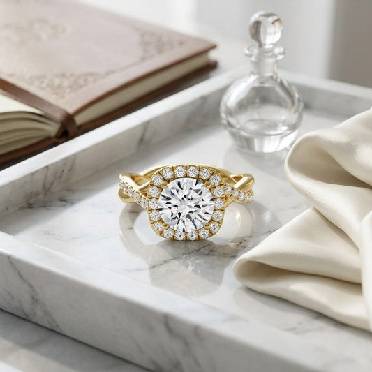 1 3/8ctw Round Diamond Halo Engagement Ring With Twist Shank In 14k Yellow Gold, Igi-certified — atelier still life