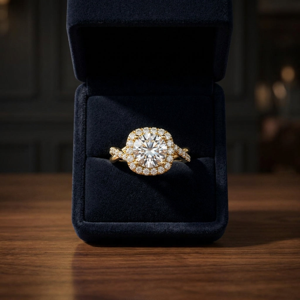 1 3/8ctw Round Diamond Halo Engagement Ring With Twist Shank In 14k Yellow Gold, Igi-certified — gift presentation