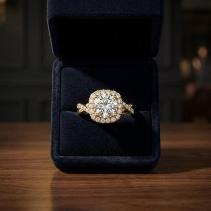 1 3/8ctw Round Diamond Halo Engagement Ring With Twist Shank In 14k Yellow Gold, Igi-certified — gift presentation