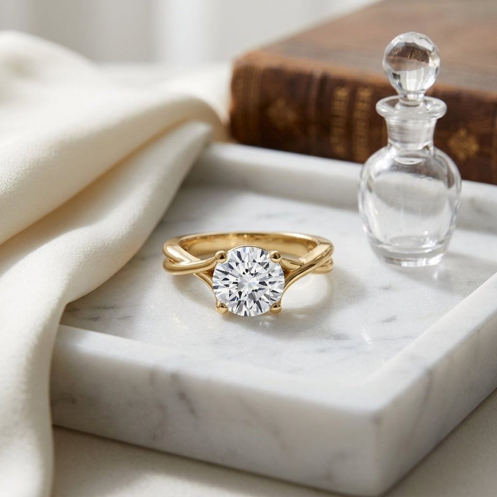 1ct Round Diamond Solitaire Engagement Ring With Trellis Basket In 14k Yellow Gold, Igi-certified — atelier still life