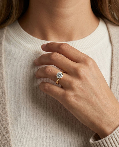 1ct Round Diamond Solitaire Engagement Ring With Trellis Basket In 14k Yellow Gold, Igi-certified — editorial close-up