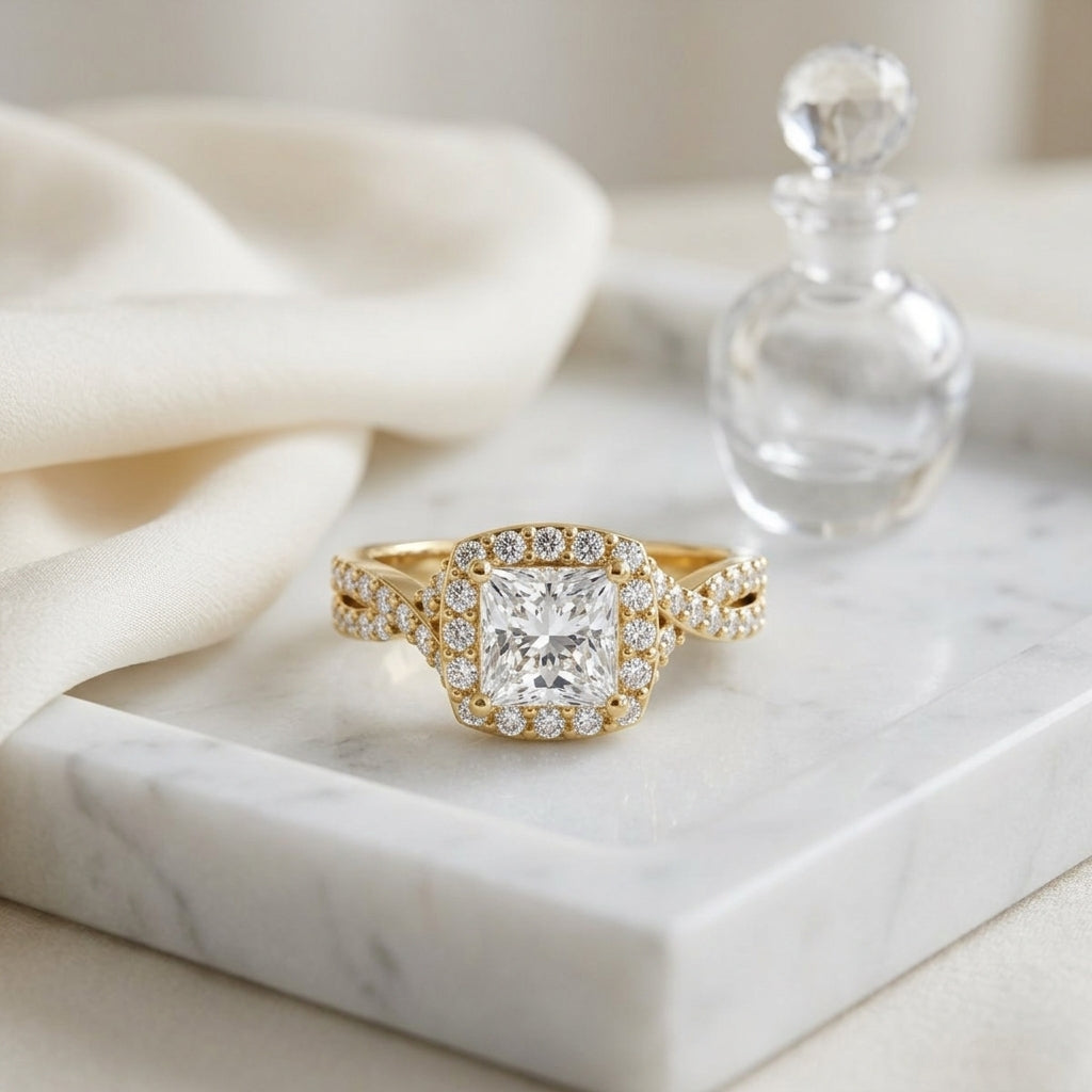 1 3/8ctw Round Diamond Square Halo Engagement Ring With Twisted Pave Shank In 14k Yellow Gold, Igi-certified — atelier still life