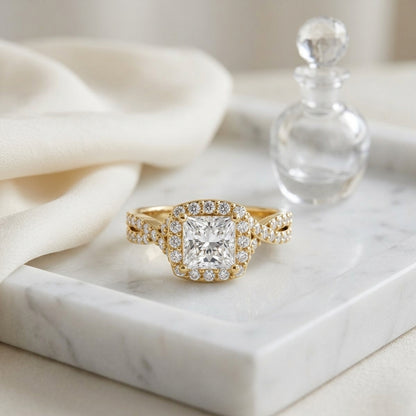 1 3/8ctw Round Diamond Square Halo Engagement Ring With Twisted Pave Shank In 14k Yellow Gold, Igi-certified — atelier still life