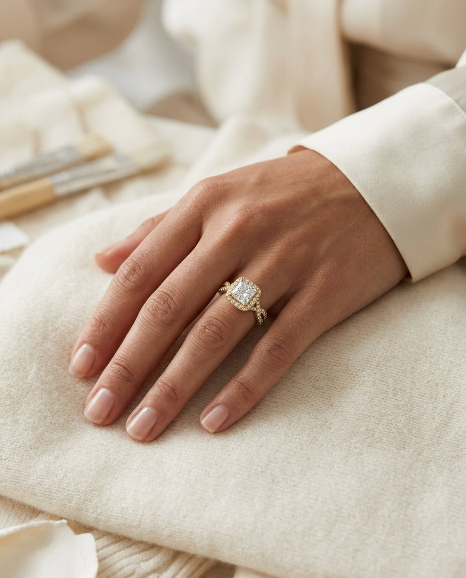 1 3/8ctw Round Diamond Square Halo Engagement Ring With Twisted Pave Shank In 14k Yellow Gold, Igi-certified — editorial close-up